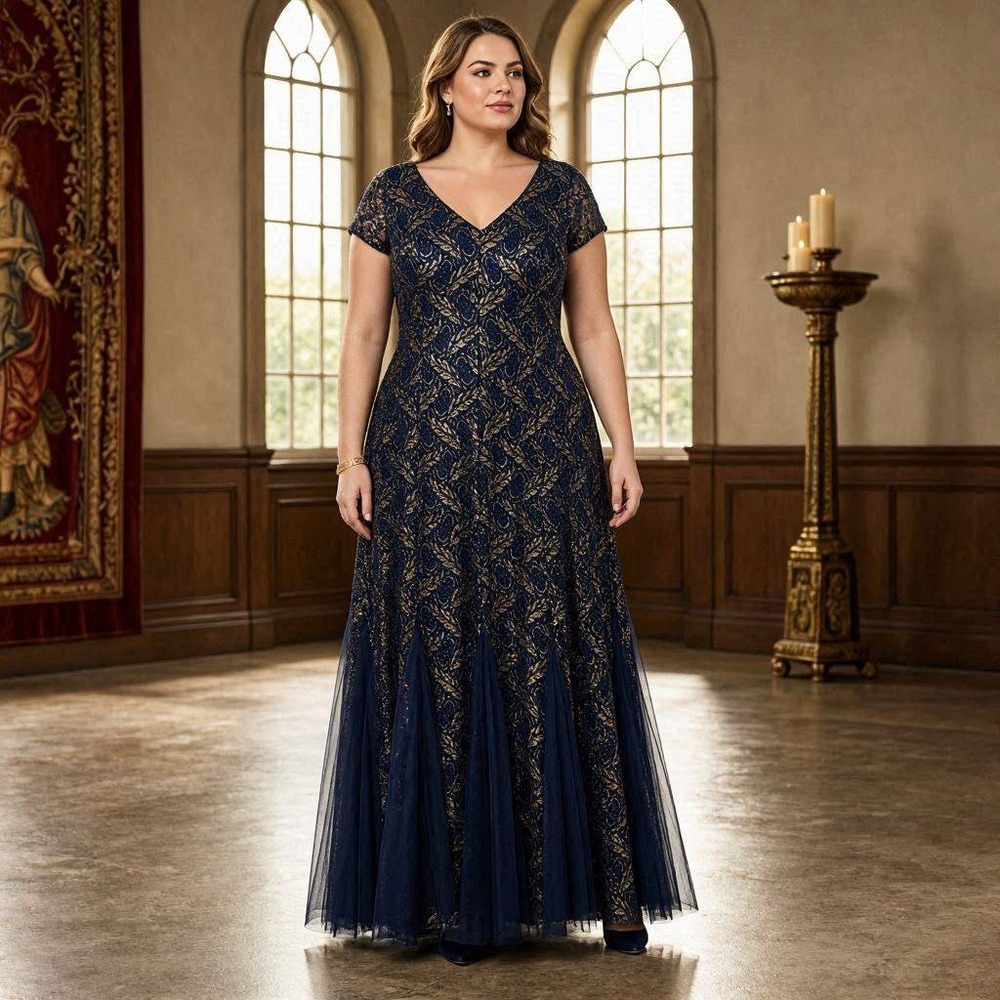Candalite Renainsance Womens Navy Gold Metallic Lace Leaf Gown 2X Formal Dress
